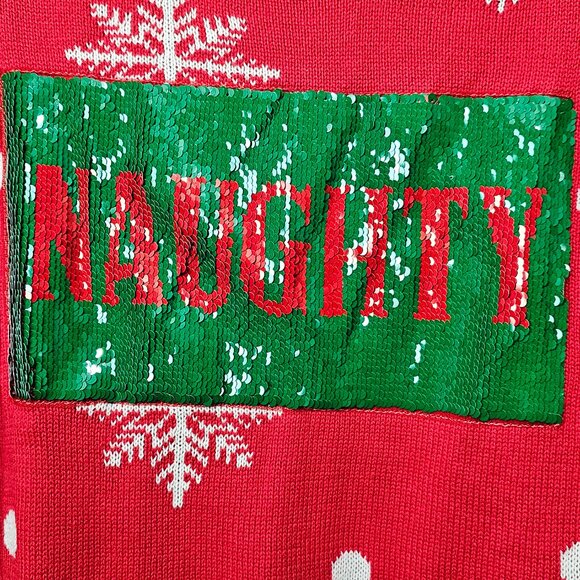 To Be Jolly New Naughty Nice Reversible Sequin Ugly Knit Red Christmas Sweater - Picture 7 of 11